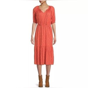 Beachlunchlounge Floral Peasant Boho Coral A-Line Dress w/ tassel ties Size XL
